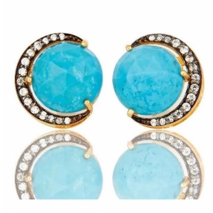 Crescent Moon Turquoise Gold and Rhodium Stud Earrings