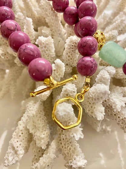 Purple Turquoise, Green Aventurine and Freshwater Pearl Gemstone Statement Necklace, Bracelet, Earrings Set