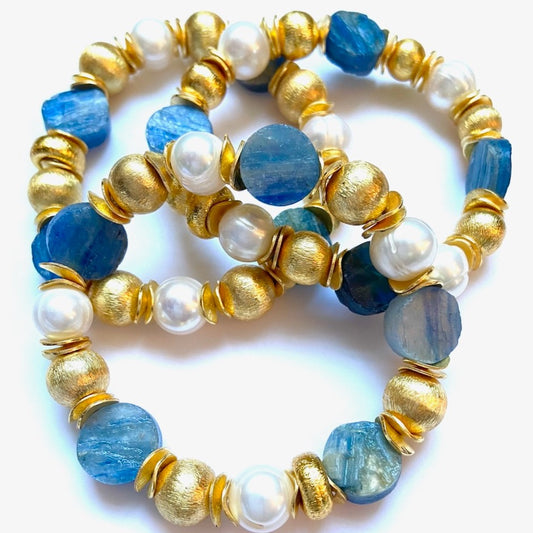 Blue Kyanite and Pearl Gemstone Gold Vermeil Beaded Bracelet