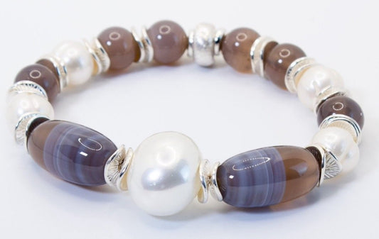Gray-Striped Agate and Pearl Beaded Bracelet with Silver Accents