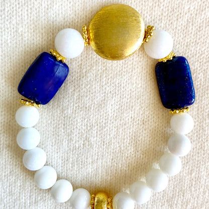 Lapis and Alabaster Gemstones 7.5" Bracelet with a 18k Brushed Gold Vermeil Center Bead