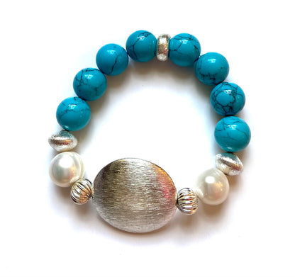 Pretty Blue Turquoise, Brushed Silver and Baroque Pearls Statement Bracelet