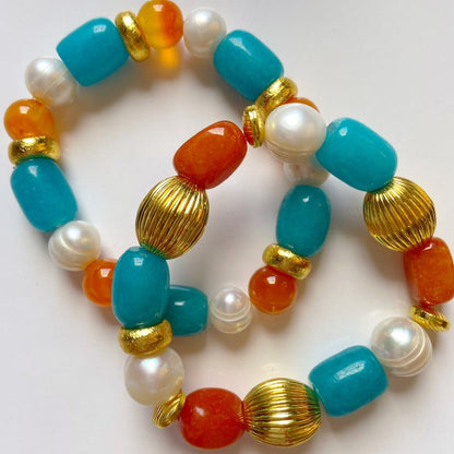 Orange Carnelian and Sea Blue Jade Gemstones Gold Beaded Bracelet