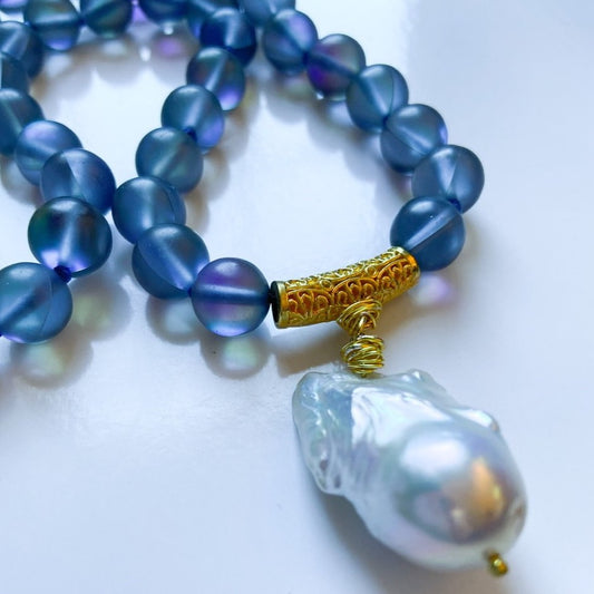 Lovely Indigo Rainbow Moonstone Gemstone Baroque Pearl Pendant Necklace 18"