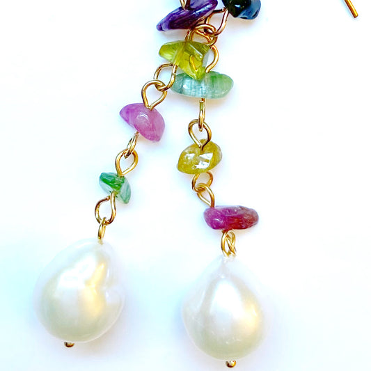 Semi-Precious Tourmaline  and Pearl Gemstone Dangle Earrings
