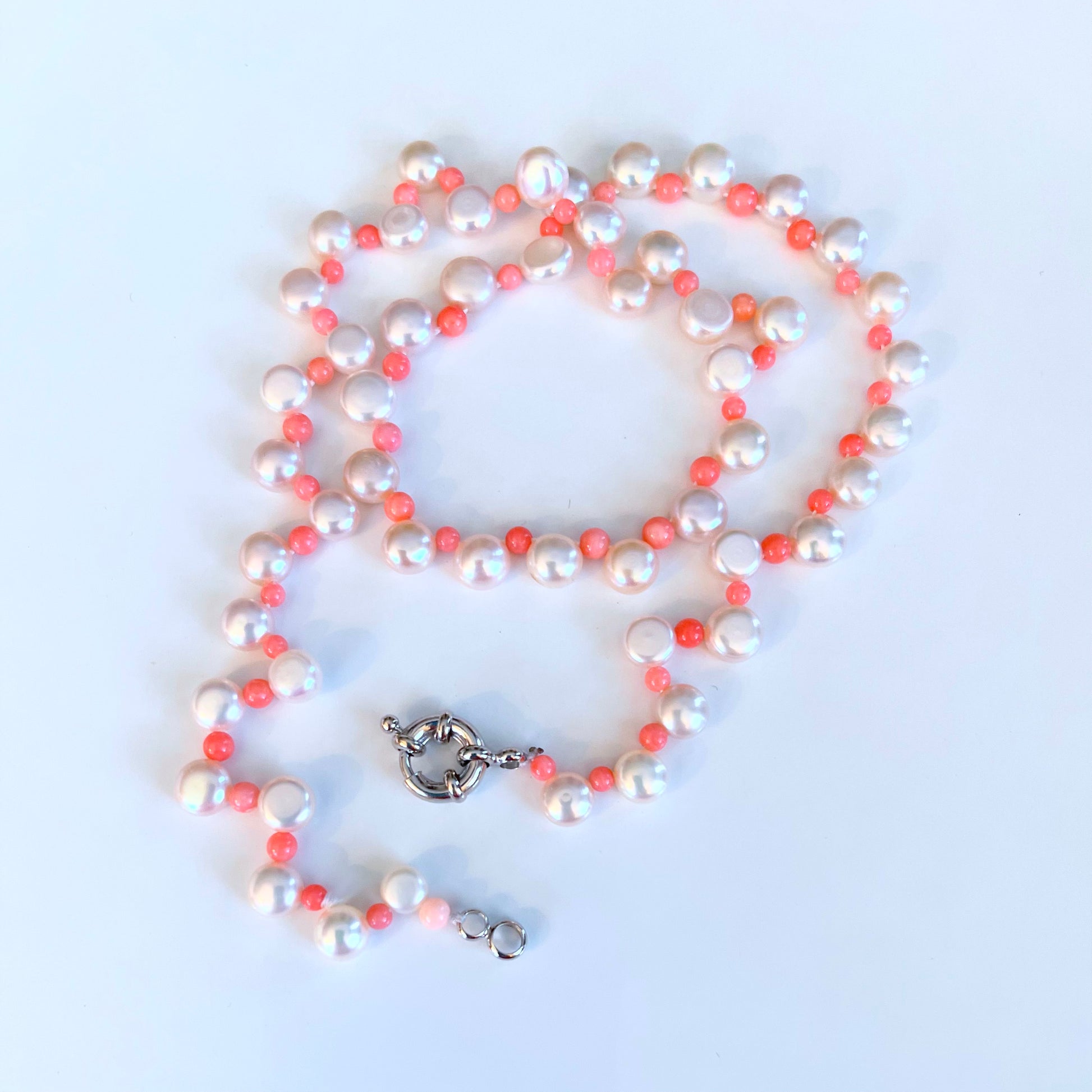 Dainty Pink Coral and White Button Pearl Necklace 17 – LB Jewelry Designs