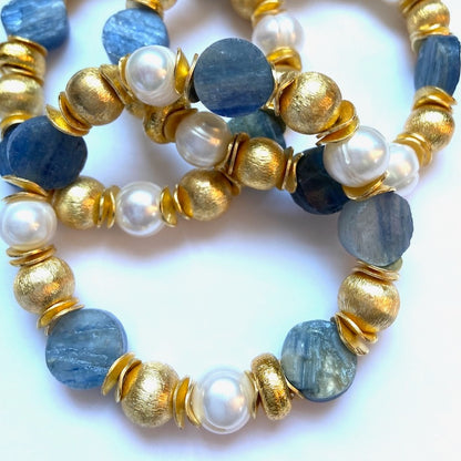 Blue Kyanite and Pearl Gemstone Gold Vermeil Beaded Bracelet