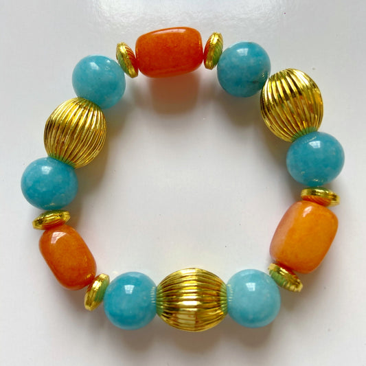 Orange Carnelian and Aquamarine Gemstone Gold Bracelet