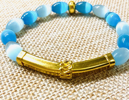 Colorful Sky and Light Blue Mexican Fire Opal Gemstone Bracelet with 18k Gold Bali Tube Bead