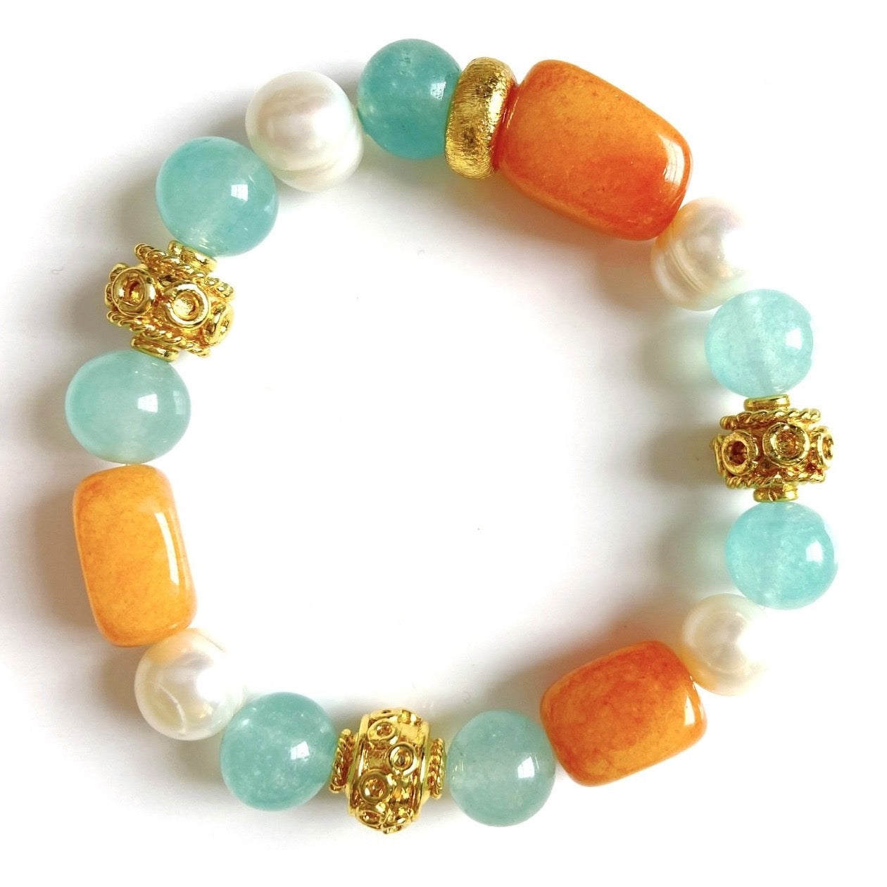 Carnelian, Pearl and Aquamarine Gemstone Bracelet with Gold "Bali" Bead Accents