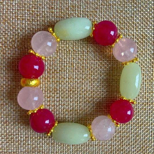 Rose Ruby, Pink Quartz and Green Aventurine Gemstone Beaded Bracelet