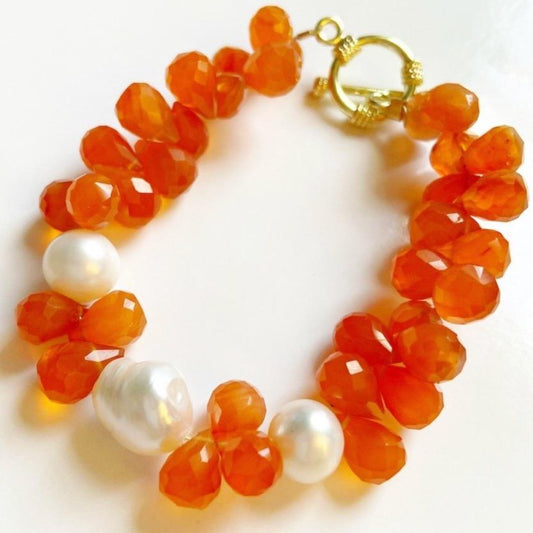 Orange Carnelian Semi-Precious Gemstones Briolette-Cut Bracelet (Four Designs)