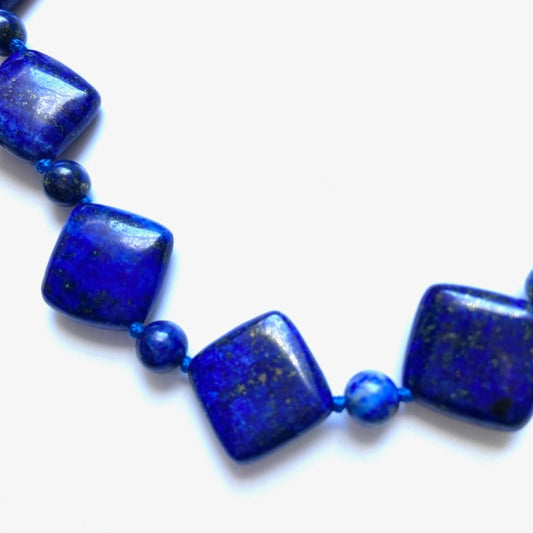 Rhombus-Style Blue Lapis Lazuli Double-Knotted Statement Necklace 20