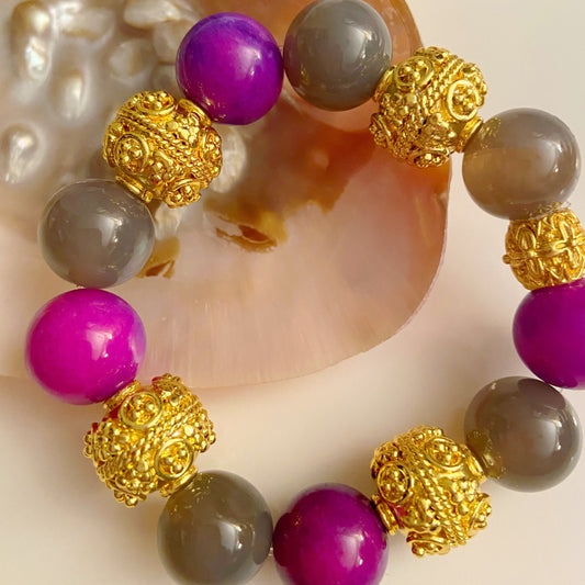Purple Sugilite and Grey Onyx Gemstones 18k Gold Bali  Beaded Bracelet