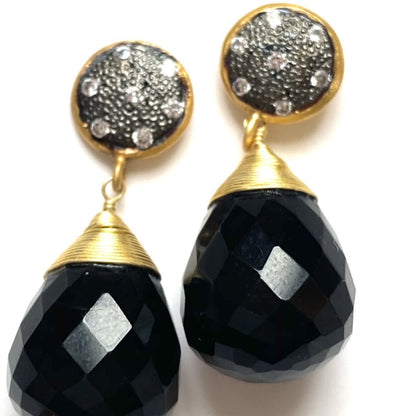 Elegant Black Onyx and Rhodium Gemstone Gold Dangle Earrings 1.5"