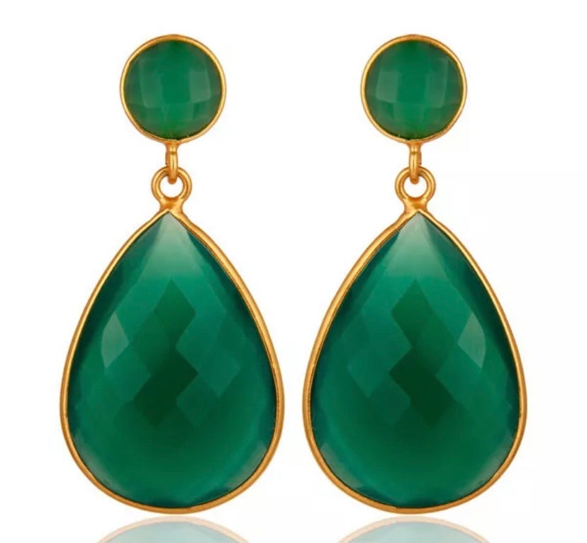 Green Onyx Gemstones Studs Drop Dangle Gold Plated Teardrop Earrings 2"