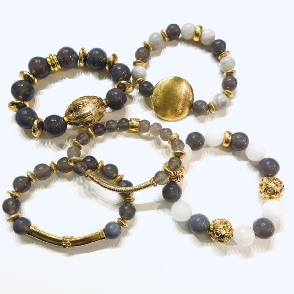 Gray and White Onyx Gemstone Bracelet Accented with 18k Gold Vermeil Bali Beads