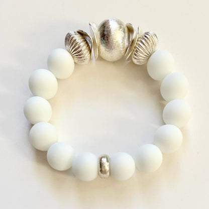 White Alabaster and Brushed Silver Beaded Bracelet