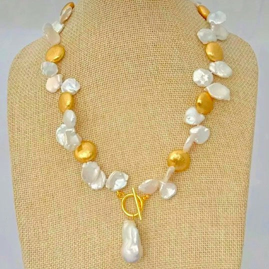 Lovely 24k Brushed Gold Vermeil and White Keshi Pearls Statement Necklace 18”