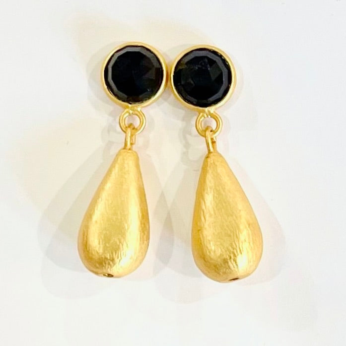 Black Onyx Gemstones and 22k Brushed Gold Vermeil Teardrop Dangle Earrings 1.5”