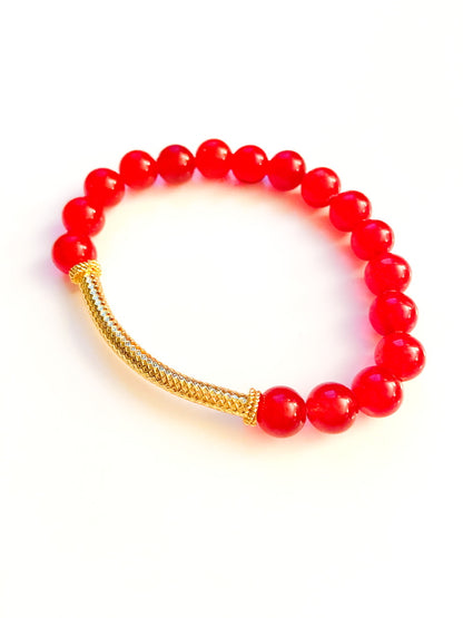 Dainty Red Aventurine and Pearl Gemstone Bracelet with Gold Bali Tube Bead