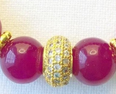 Rose Ruby Quartz Gemstone Pave Gold Beaded Bracelet