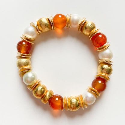 Pretty Orange Carnelian Gemstone Bracelet with Baroque Pearls and 18k Brushed Gold Vermeil