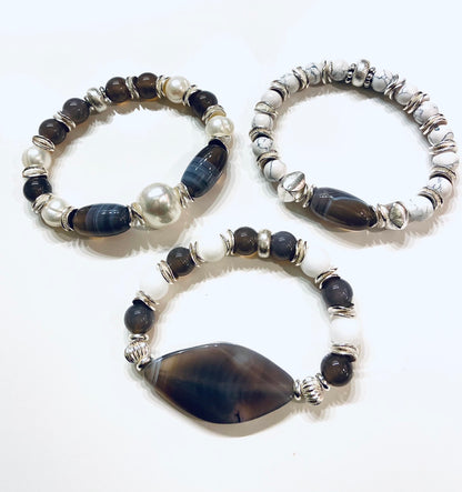 Gray and Alabaster Gemstone Bracelet with Silver Accents