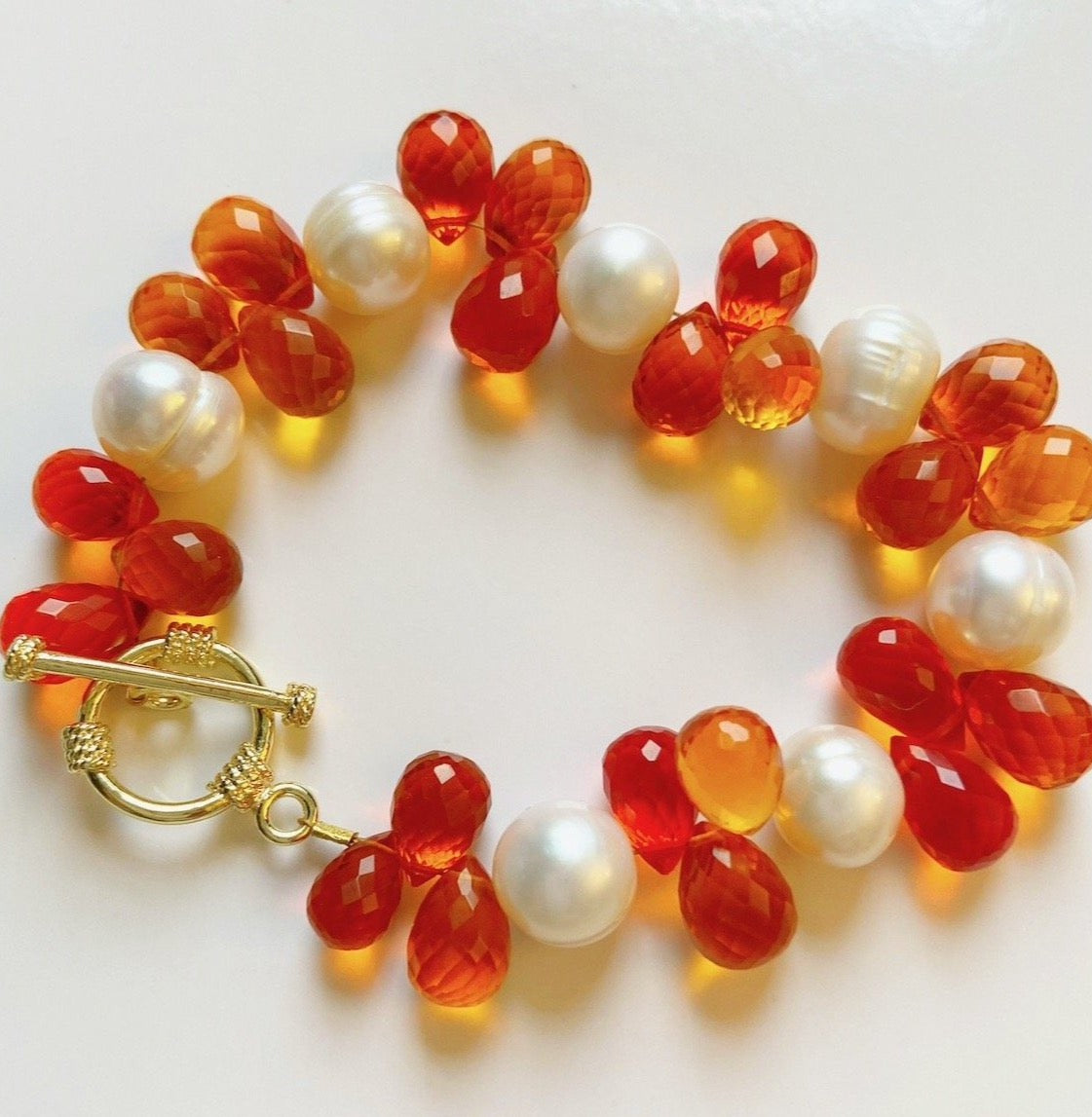 Orange Carnelian Semi-Precious Gemstones Briolette-Cut Bracelet (Four Designs)