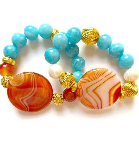 Orange-Striped Onyx, Aquamarine and Pearl Gemstone Beaded Bracelet (Two Designs)