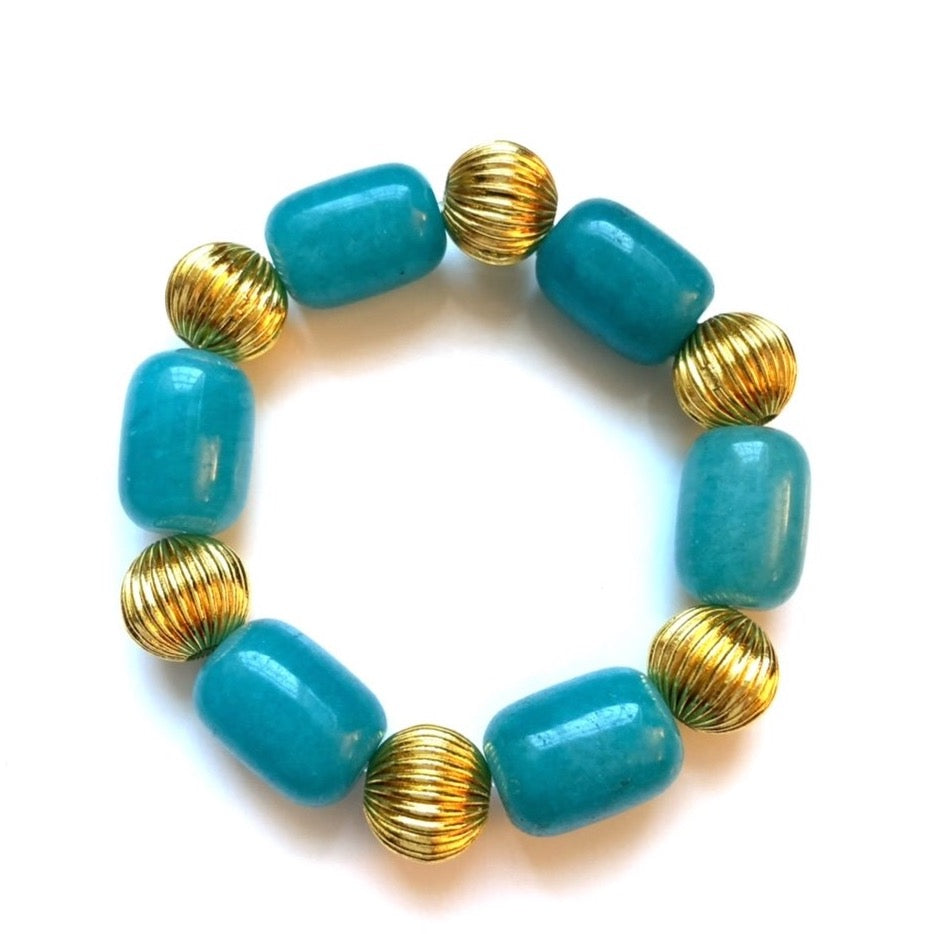 Sea Blue Jade Gemstone and 18k Gold-filled Beaded Bracelet