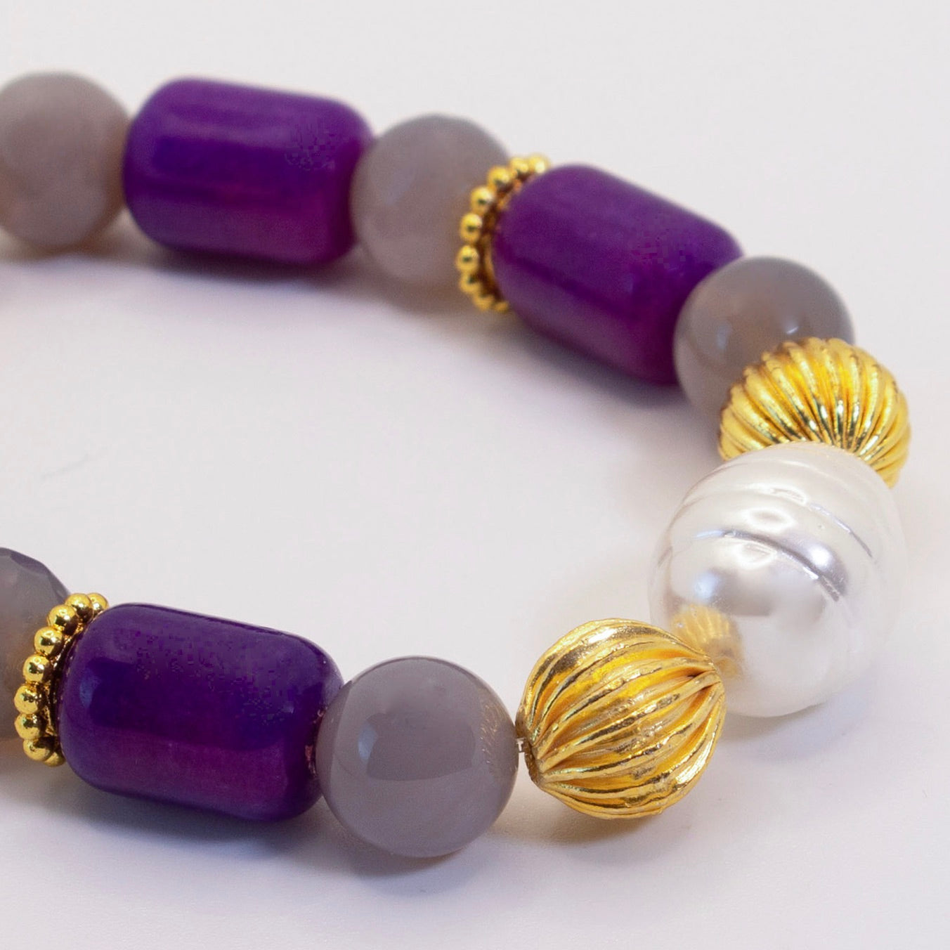 Purple Sugilite, Gray Onyx and Pearl Gemstone Beaded Bracelet