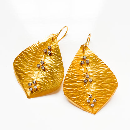 Gorgeous 22k Yellow Gold Leaf Vermeil and White Topaz, Leaf-Shaped Statement Earrings