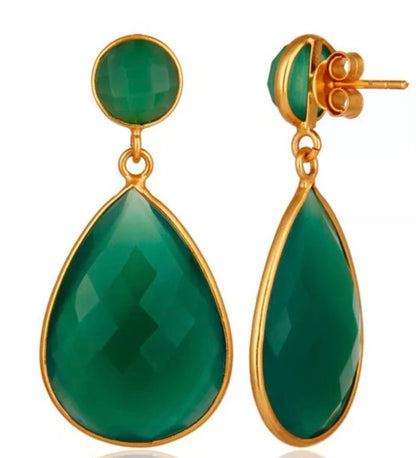 Green Onyx Gemstones Studs Drop Dangle Gold Plated Teardrop Earrings 2"