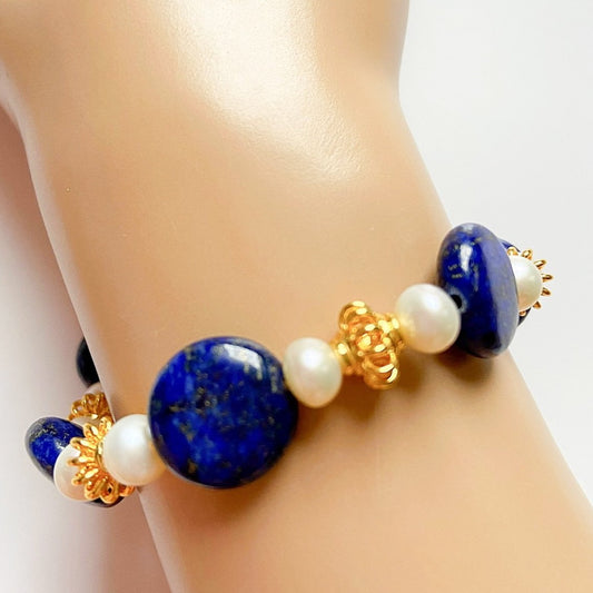 Coin-Shaped Lapis Lazuli and Pearl Gemstone Gold Beaded Bracelet
