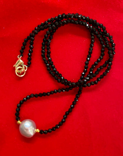 Dainty Black Spinel Gemstone Necklace with Grey Pearl Drop 18"