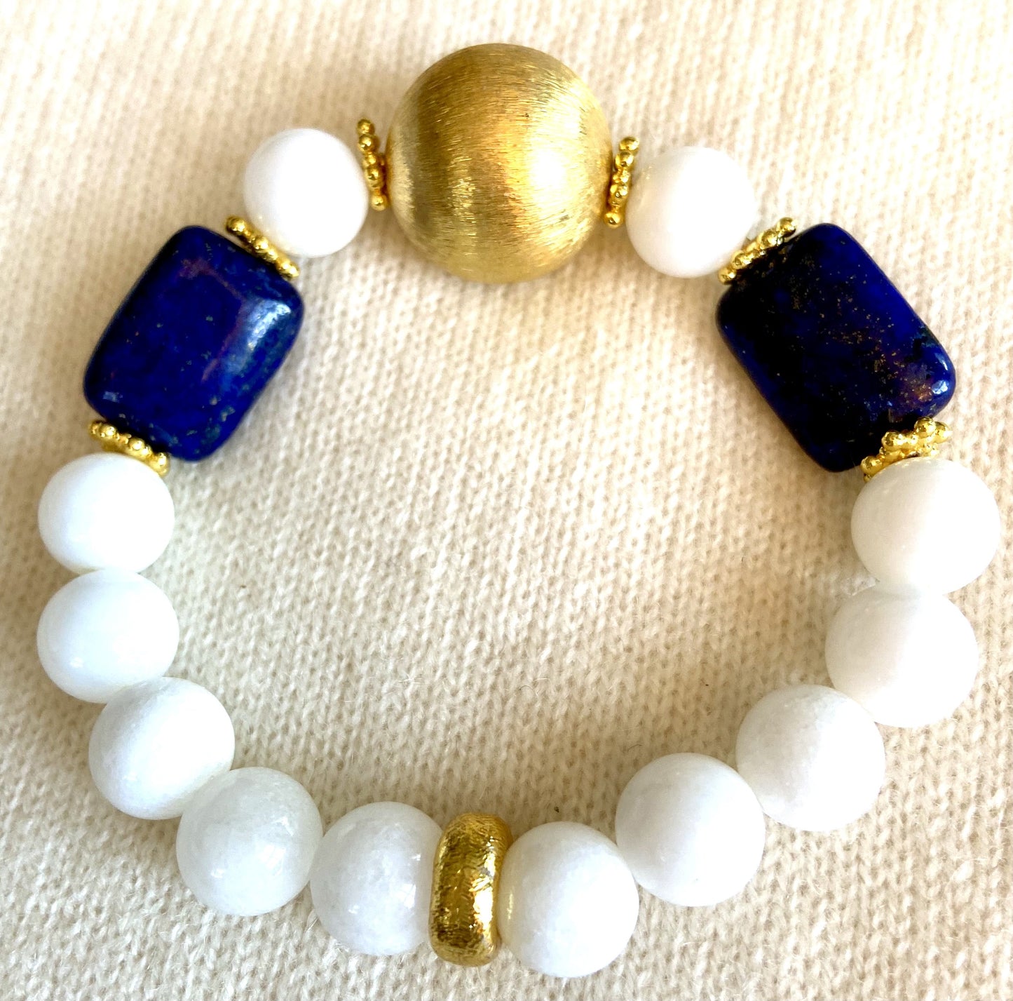 Lapis and Alabaster Gemstones 7.5" Bracelet with a 18k Brushed Gold Vermeil Center Bead