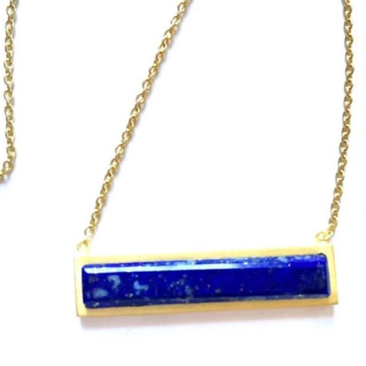 Lapis Lazuli Bar Pendant Gold Chain Necklace 18
