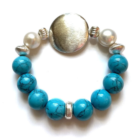 Pretty Blue Turquoise, Brushed Silver and Baroque Pearls Statement Bracelet