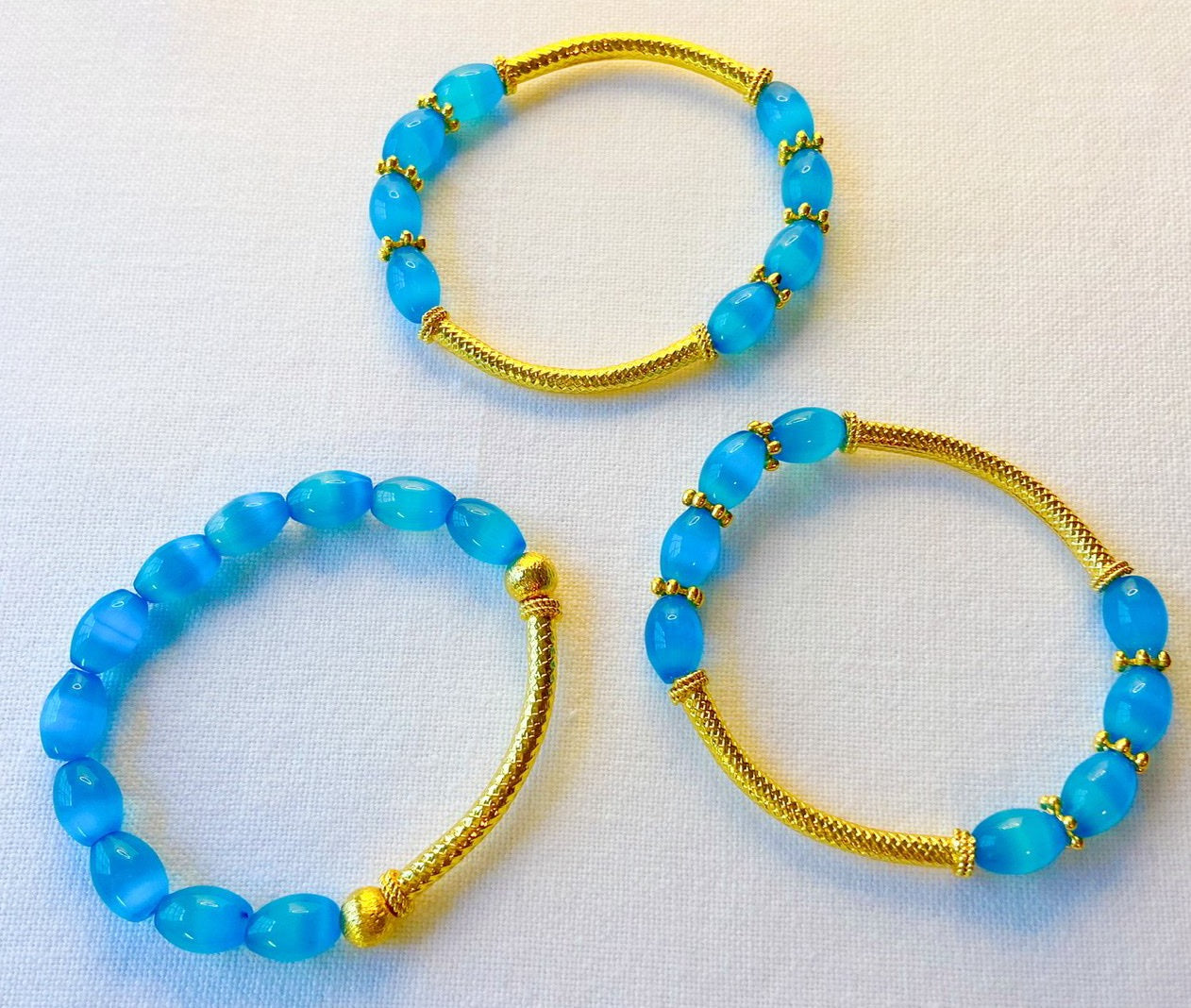 Vibrant Blue Mexican Fire Opal Gemstones and 18k Gold Vermeil Bracelet
