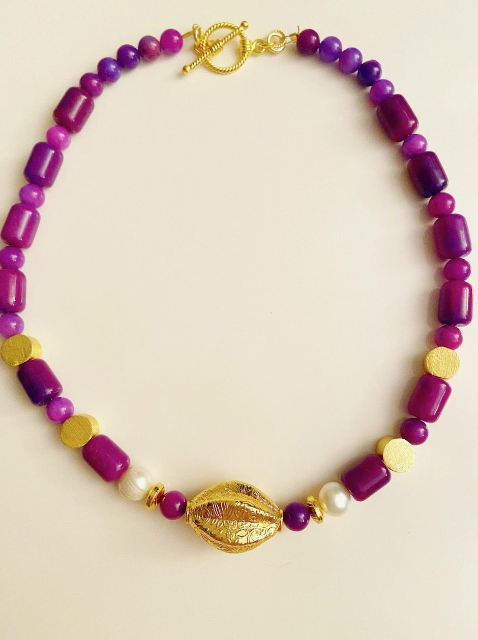 Purple Sugilite and Freshwater Pearls Gemstone Gold Vermeil Necklace 20"