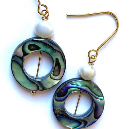 Iridescent Abalone and Baroque Pearl Gold Earrings