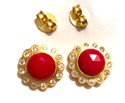 Red Coral Gemstone Gold Stud Earrings