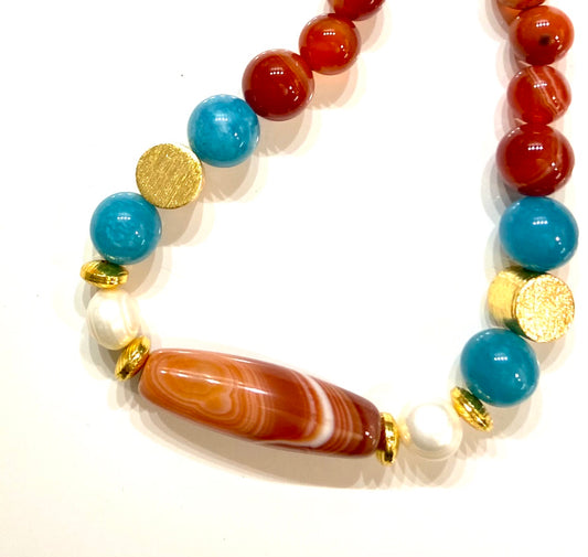 Orange Carnelian, Aquamarine and Freshwater Pearl Gemstone Necklace 20