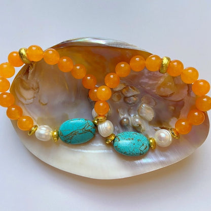 Orange Malaysian Jade and Turquoise Gemstone Bracelet with Baroque Pearls