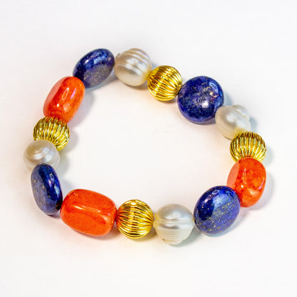 Lapis Lazuli, Orange Carnelian and Baroque Pearl Gemstone Gold Bracelet