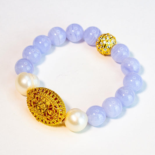 Blue Lace and Pearl Gemstone Bracelet with Vermeil Bali Filigree Accent