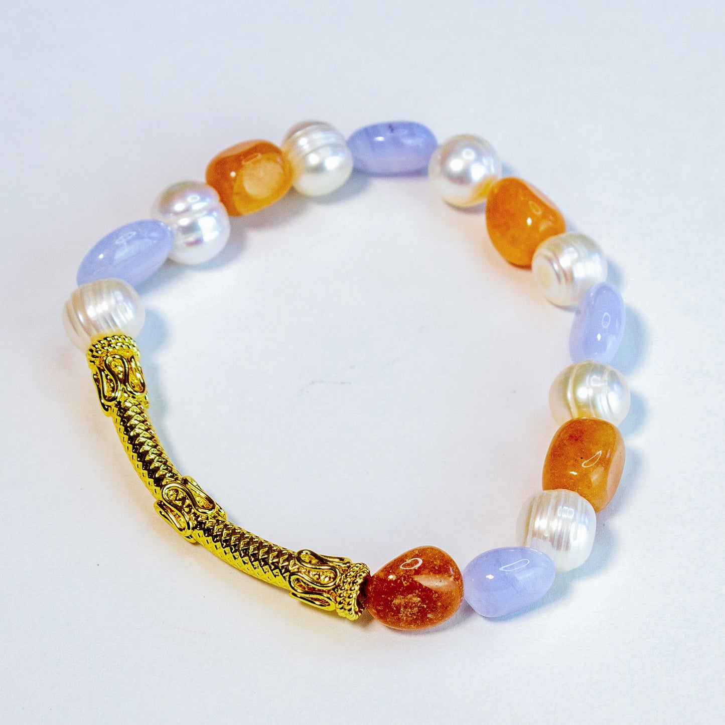 Blue Lace, Pearl and Carnelian Gemstone Beaded Bracelet with Bali Tube Accent Bead