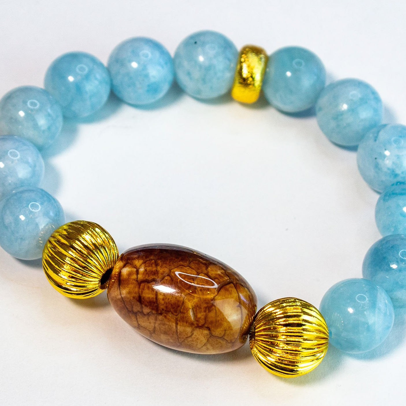 Lovely Botswana Brown Agate and Aquamarine Gemstones 18k Gold-filled Bracelet