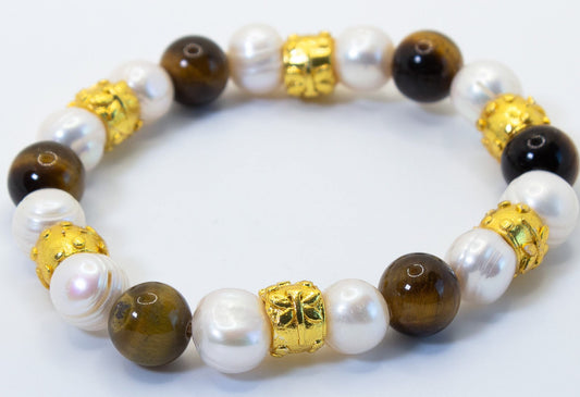 Brown Tigers Eye and Pearl Gemstone Gold Vermeil Beaded Bracelet